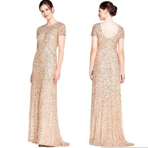 Adrianna Papell Gold Scoop Back Sequin Gown Sz16